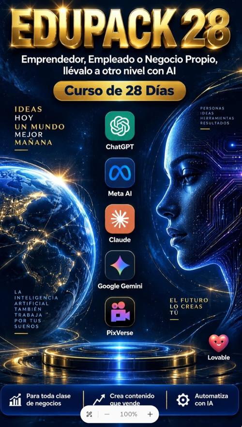 Portada original EDUPACK28: herramientas de IA, globo y rostro de IA